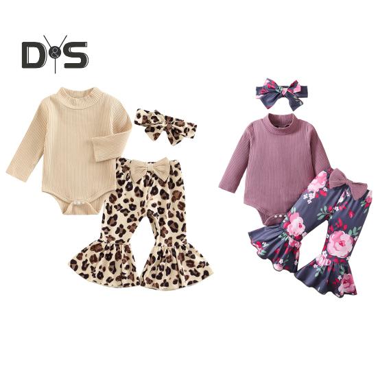 3 Pcs/Set Children Top Pants Headband Suit for 0-24 Months Floral Printing Flared Trousers High Collar Knitted Bodysuit Bow Headband Photo Prop