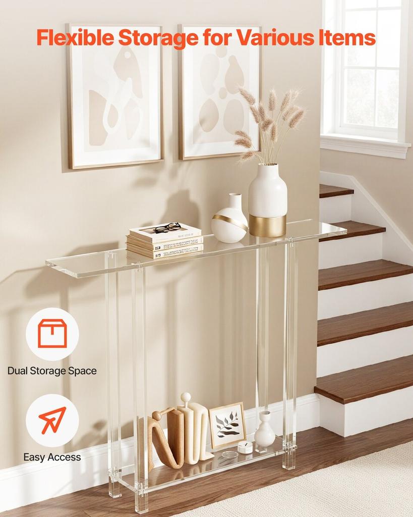 Acrylic Console Table, 2 Tiers Narrow Side Desk with Bottom Open Storage, Modern Rectangle Acrylic End Table, Transparent Entry Desk for Foyer,