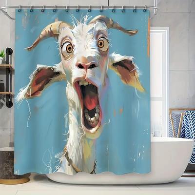 Goat Pattern Waterproof Mold-Proof Shower Curtain Creative Bathroom Curtain Unique Design Stylish Home Decor Complimentary Hook