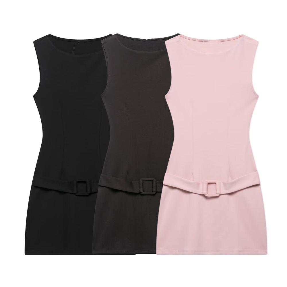 

2025 Spring/Summer Women s Slim Fit Belted Sleeveless Short Dress Large розовый