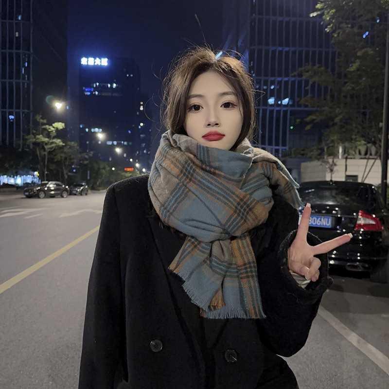 White Deer Blue Striped Plaid Scarf Women's Winter Imitation Cashmere Warm Shawl Korean Version Versatile Student Scarf