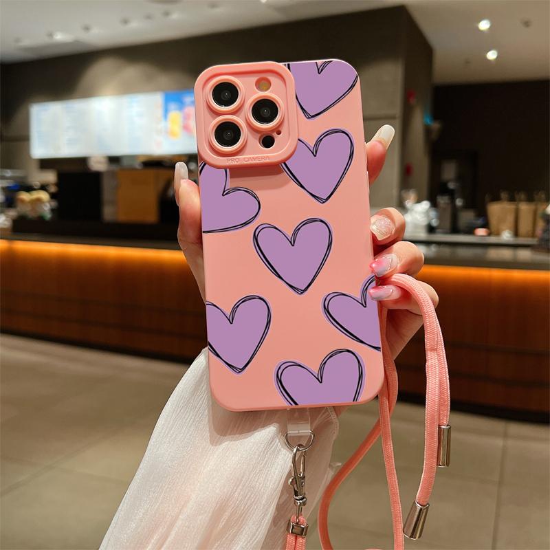 Full Screen Love Heart Lanyard Strap Phone Case For iPhone 15 14 13 12 11 Pro Max X XS XR 7 8 Plus SE  Silicone Soft Cover