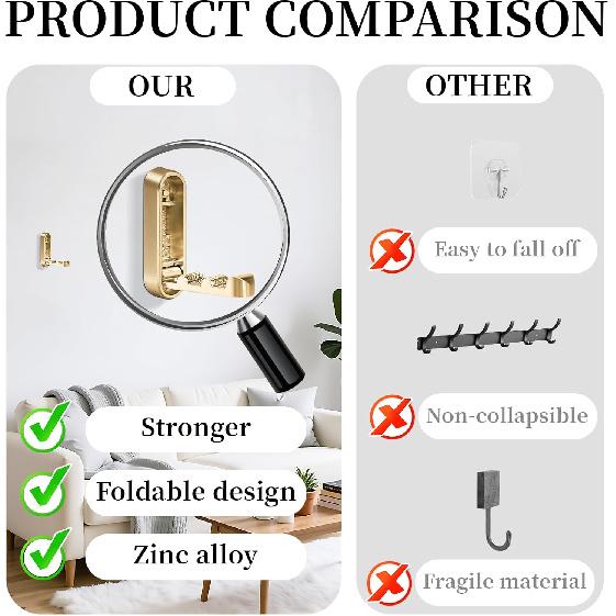 Foldable Hooks, 4-Pack Gold Folding Coat Hooks Heavy-Duty Zinc Alloy Folding Wall Hooks Folding Hooks Wall-Mounted for Hanging Coat Towels Clothes