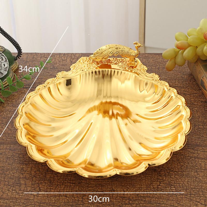 Golden Peacock Relief Design Shell Trays Decorative, Fruit Tray, Snacks, Metal Tray, Home Desktop Organizer, Kitchen Storage Box
