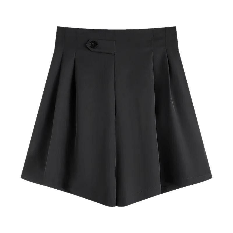 Women's Summer High Waist Black Wide-Leg Suit Shorts - Slimming, Casual, Fashion Draped Style