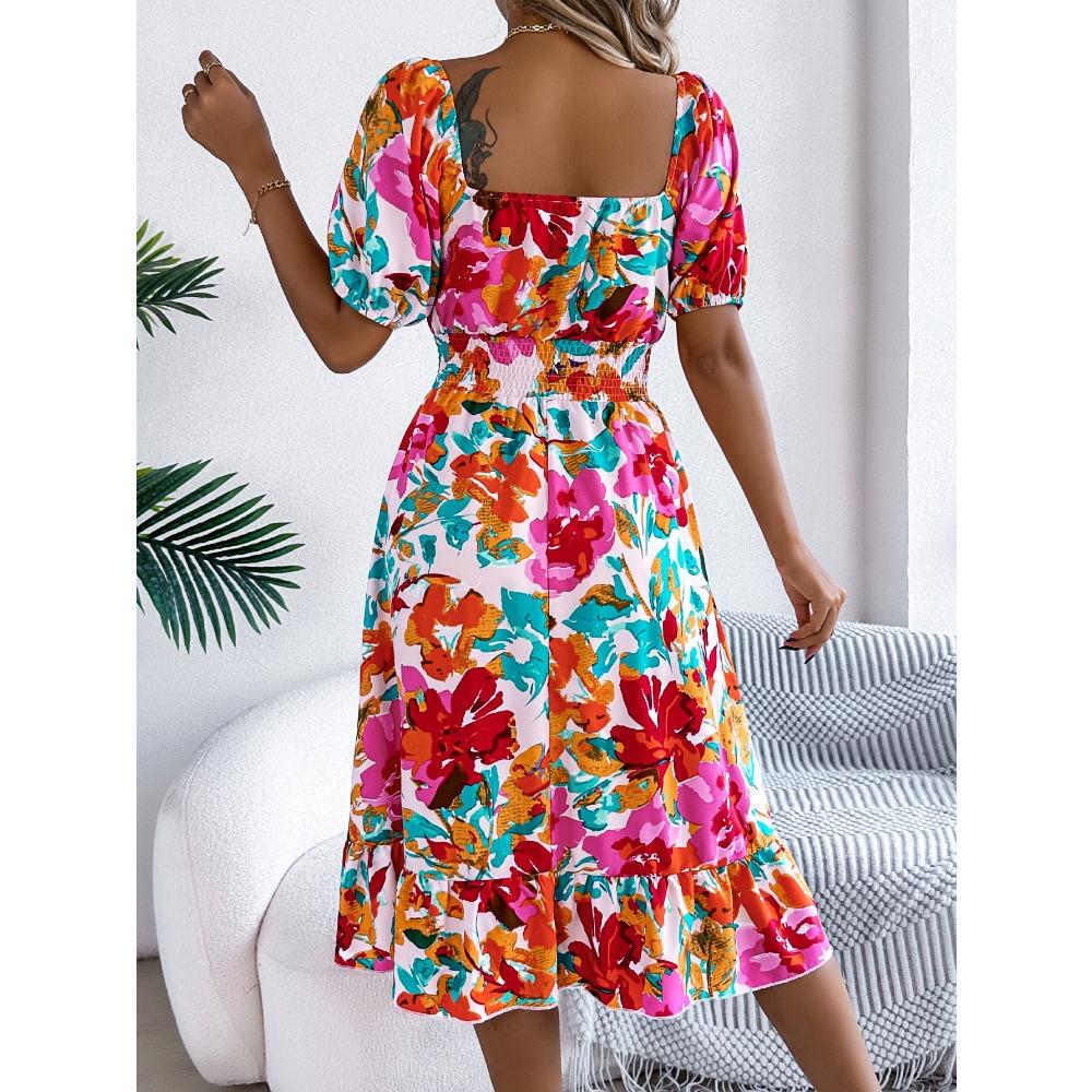 Rochie Florală de Damă Rochie Casual Florală cu Gât Pătrat Mânecă Scurtă cu Volan în Talie Rochie A-Line Rochii Largi
