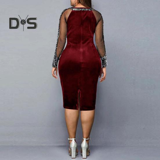 Formelles Damen-Partykleid, Bankettkleid, farblich abgestimmt, glänzende Pailletten, lange Ärmel, Rundhalsausschnitt, Netzstoff, Patchwork, hohe Taille, schmale Passform, Frühlings-Herbst-Abend