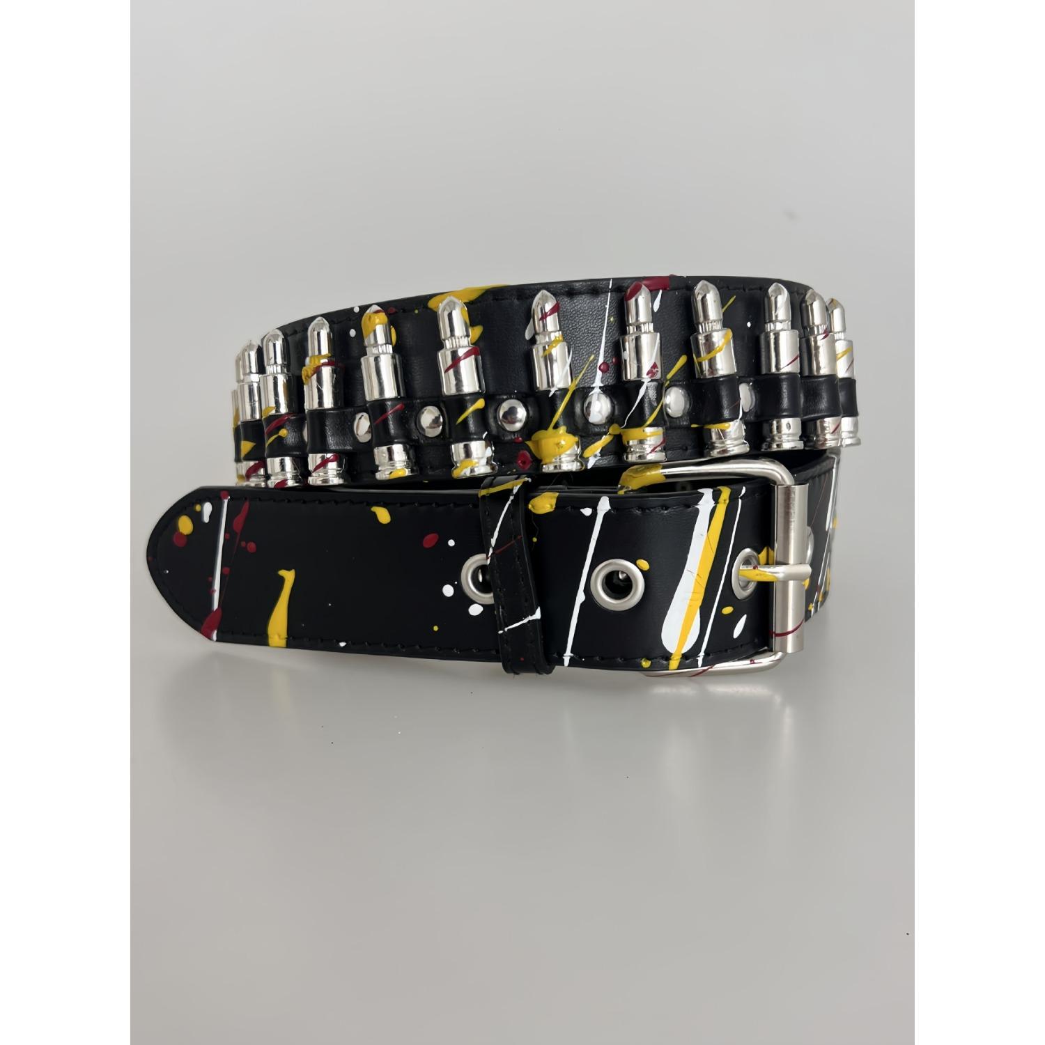 

Новый американский стиль Модный ремень с инкрустацией в форме пули, с принтами неправильной расцветки и уникальным панк-декоративным поясом 105cm