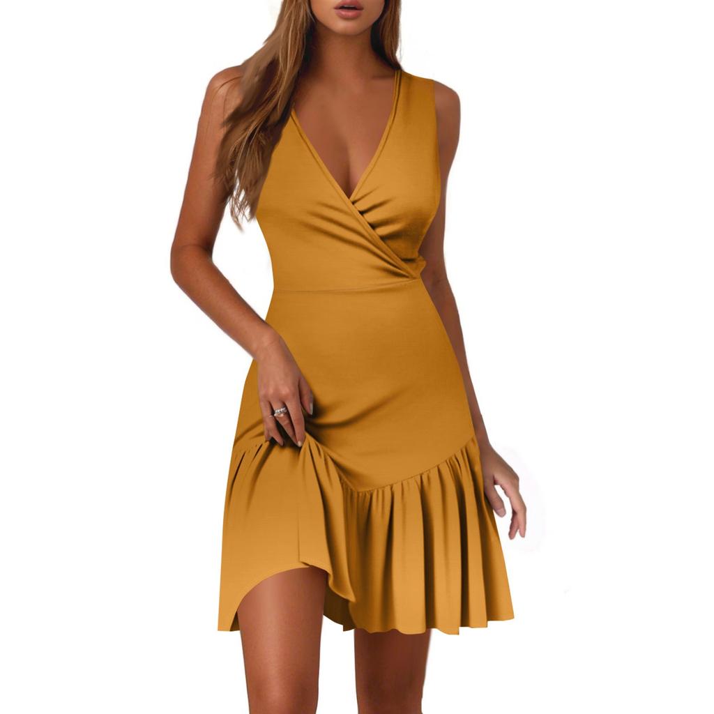 Dámské ležérní módní šaty s výstřihem do V a bez rukávů v jednobarevné variantě