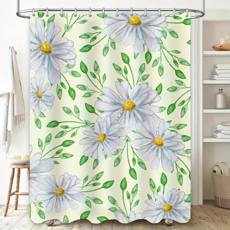 Hand-painted Flower Shower Curtain Set Modern Home Decor Item for Bathroom Decoration Blue Flowers Design On White Background Wi