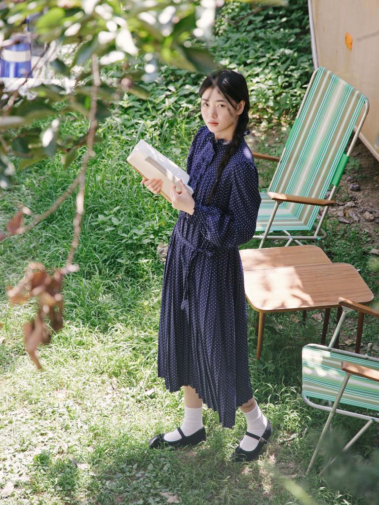 Vincent Navy Dot Pleated Dress_Navy