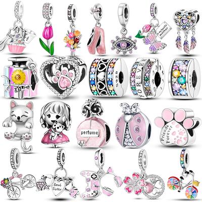 Copper Pink Series Color Charms Beads Cut Girl Flower Pendant Fit Original Bracelet Necklace Jewelry Women