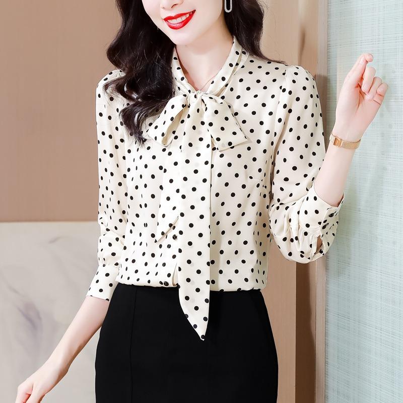 

Топ с длинными рукавами и бантом на шнуровке для женщин, весенняя шифоновая рубашка в горошек, прикрывающая живот нижняя рубашка для матерей среднего и пожилого возраста 3XL