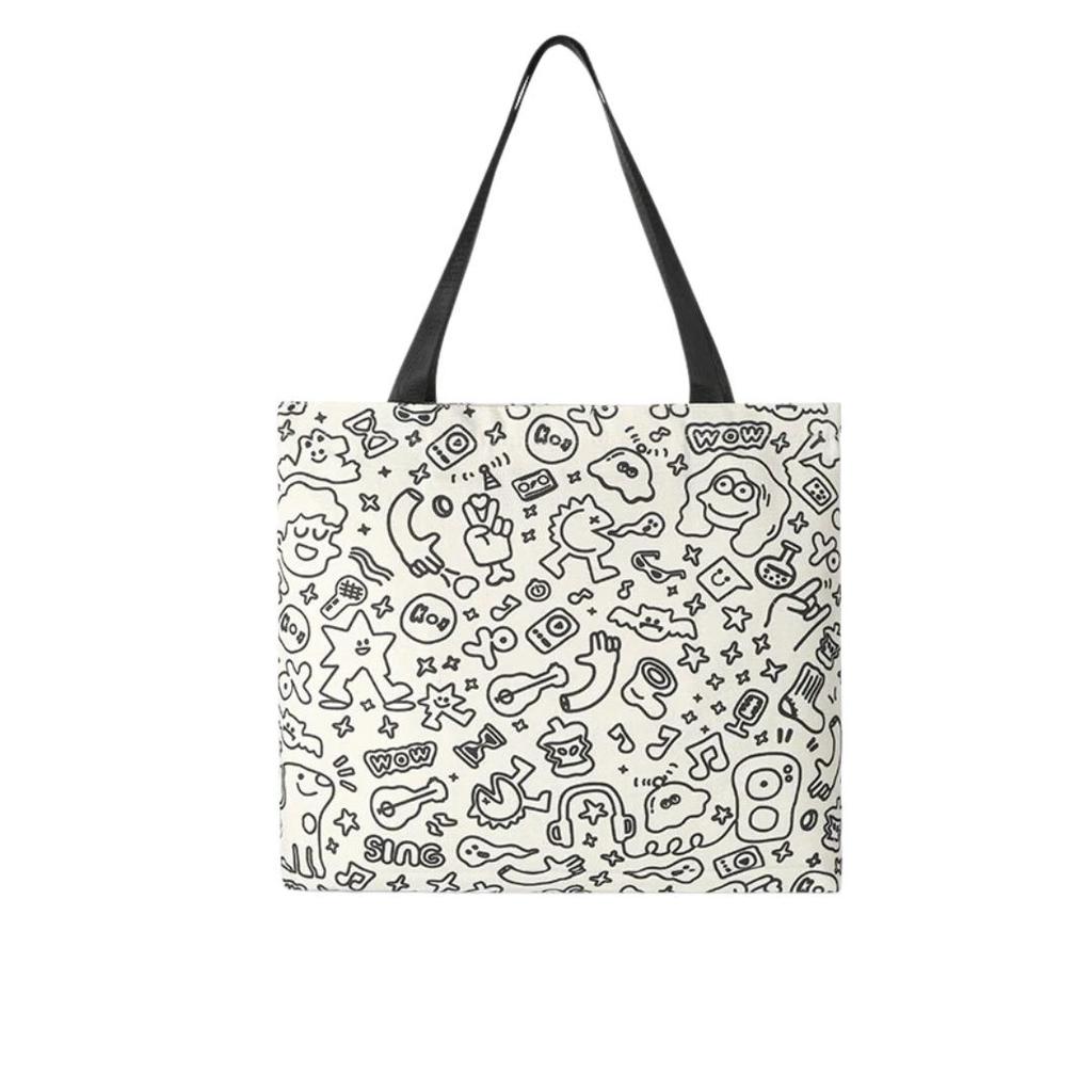40000KM Cartoon Elements Canvas Bag, Handbag, Artistic Shopping Bag, Eco-Friendly Bag, Storage Pouch