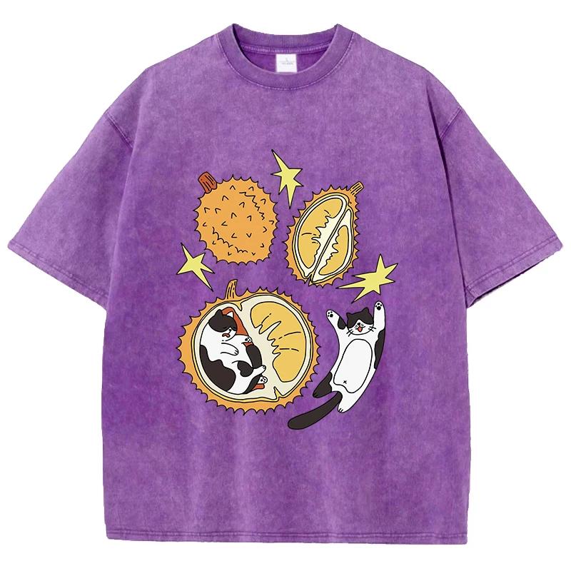 T-shirt Unisex Stampa Gatto Cartone Animato Durian Annidato Cotone Usurata Oversize Girocollo Top Trendy
