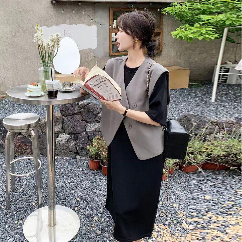 Women's Summer 2026 Sleeveless Vest Dress: Elegant Salt Style Two-Piece Straight T-Shirt Dress Set