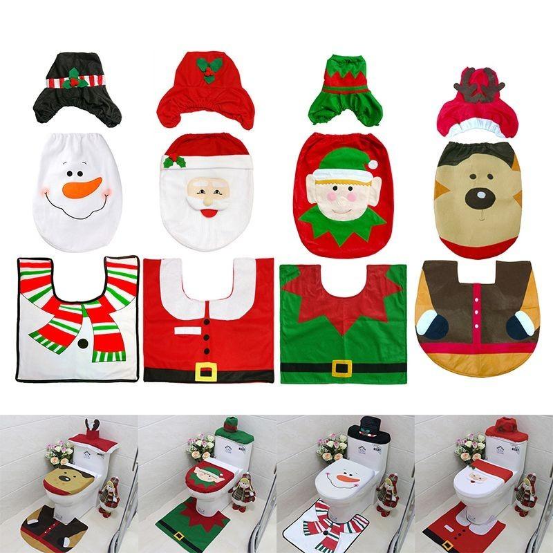 Festliches Weihnachts-WC-Sitzbezug-Set mit Weihnachtsmann-, Schneemann- und Rentiermotiven
