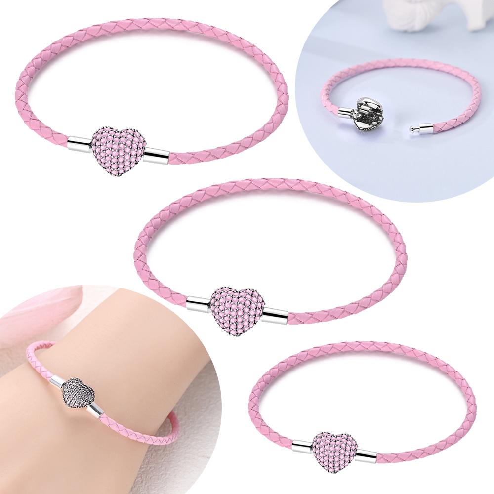 Charms 925 Silver Pink Zircon Heart Love Bead Bracelet Women Jewelry Valentines Fine Girlfriend Gift Accessory