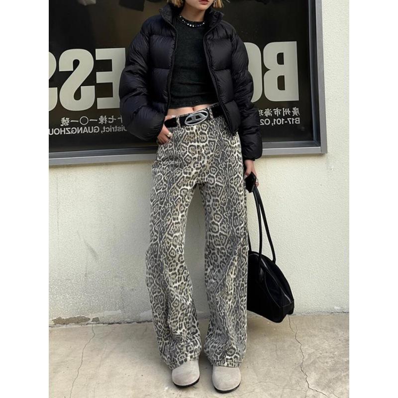 Retro Leopard High Waist Baggy Jeans Women's Casual Pockets Hip-hop Pants Spring Y2K Oversiz Panther Denim Trouser