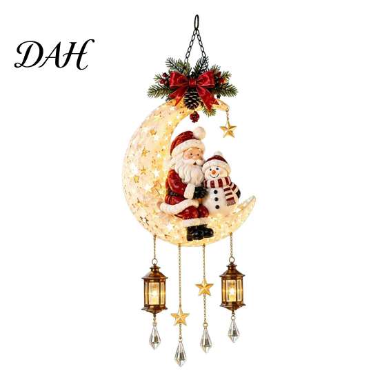 Santa Claus Moon Decor Christmas Hanging Lamp, Iron LED Lighted Ornament, Holiday Ornaments Glowing Atmosphere Light for Wall Window Porch Seasonal