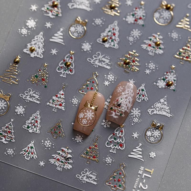Gold Stamped White Christmas Tree Snowflake 3D Self Adhesive Nail Art Stickers Santa Claus Elk Xmas Cartoon Cute Manicure Decals
