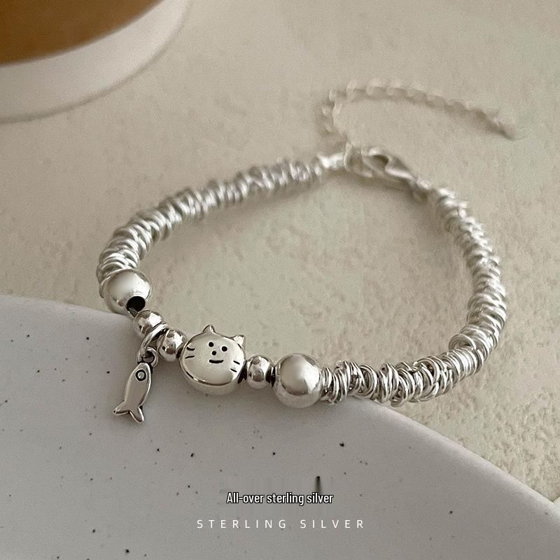 Cui Yan S925 Sterling Silver Korean Style Cat & Fish Wrap Bracelet for Women - Simple, Niche Design, 2025 New Collection.