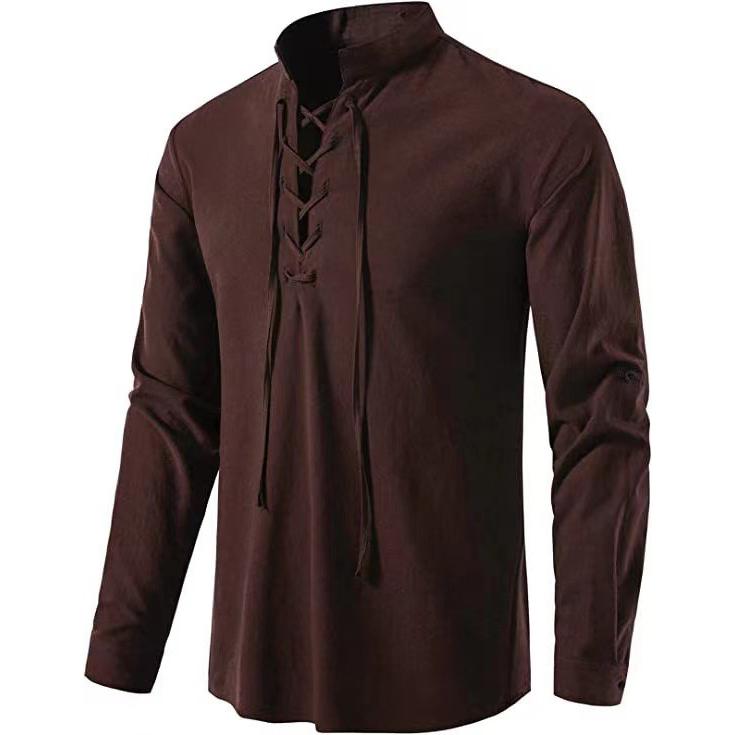 Mens Pirate Shirt Viking Retro Renaissance Medieval Gothic Victorian Halloween Costume Casual Cotton Linen Lace Up Hippie Shirts