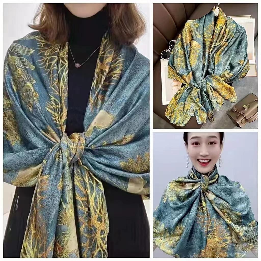 Frühling/Sommer Neuer Seidenschal für Damen, 90 x 180 cm, quadratischer Schal aus künstlichem Seidentwill, modisch bedruckt, großer quadratischer Schal, professioneller Schal