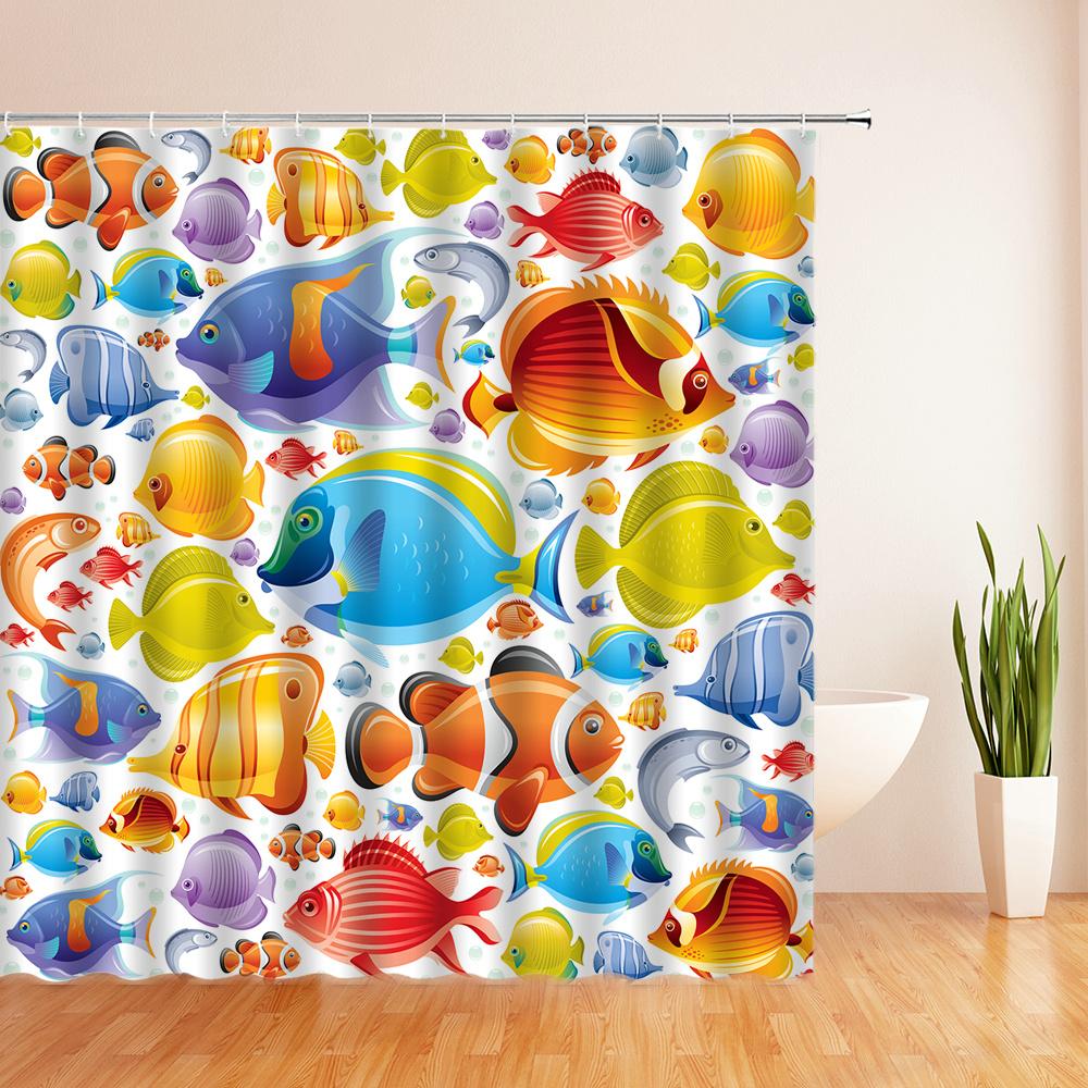 Ocean Colorful Fish Cartoon Shower Curtains Bathroom Curtain Waterproof Polyester Fabric Decor Bath Curtain 180*180Cm With Hooks