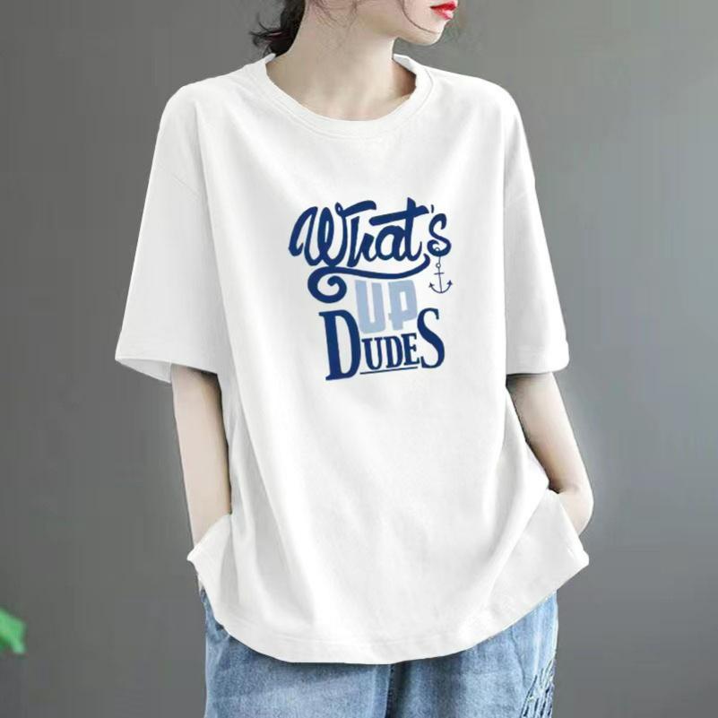 Cotton Short-sleeved T-shirt Women's Summer Loose Large Size All-match Western Casual Printed Top Trend