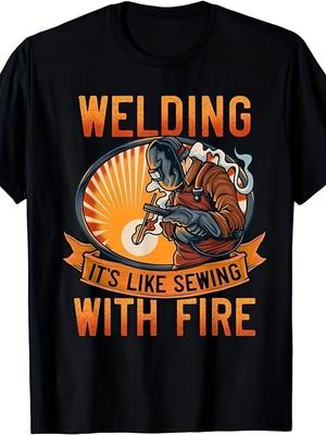 """Schweißen ist wie Nähen mit Feuer" Lustiges Schweißer-T-Shirt 100% Baumwolle Rundhals Kurzarm Sommerlich Lässig Herren T-Shirt Streetwe..."""
