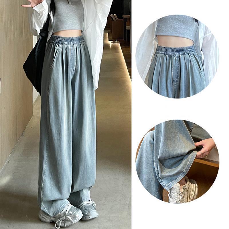 Jeans Larghi da Donna Estivi Moda Coreana Vita Alta Alta Qualità Denim Blu Pantaloni Lunghi Pantaloni Femminili Streetwear