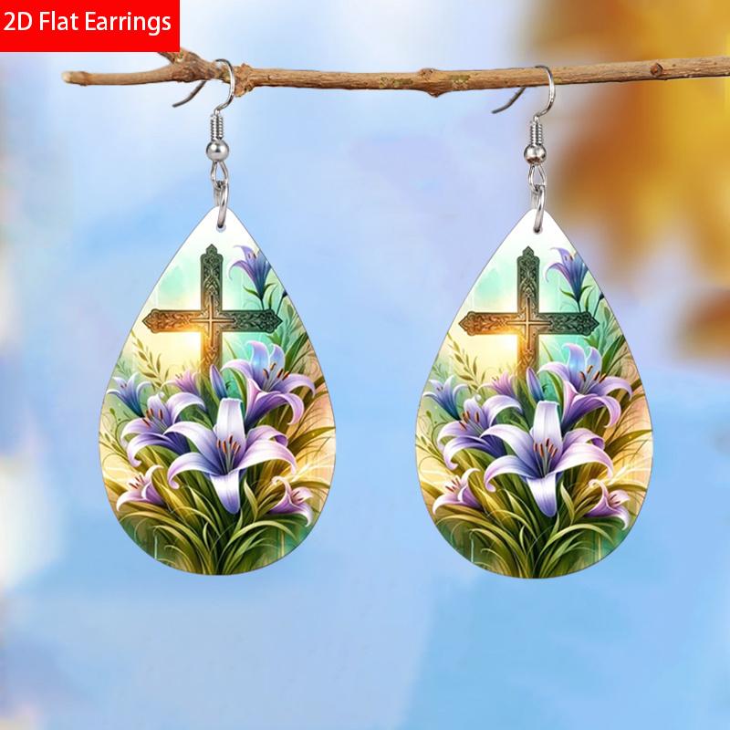 2 Pairs/Set Colorful Lily Flower Cross Pattern PU Leather Earrings Easter Earrings Women's Elegant Fashion Tears Earrings Holiday Party Gift