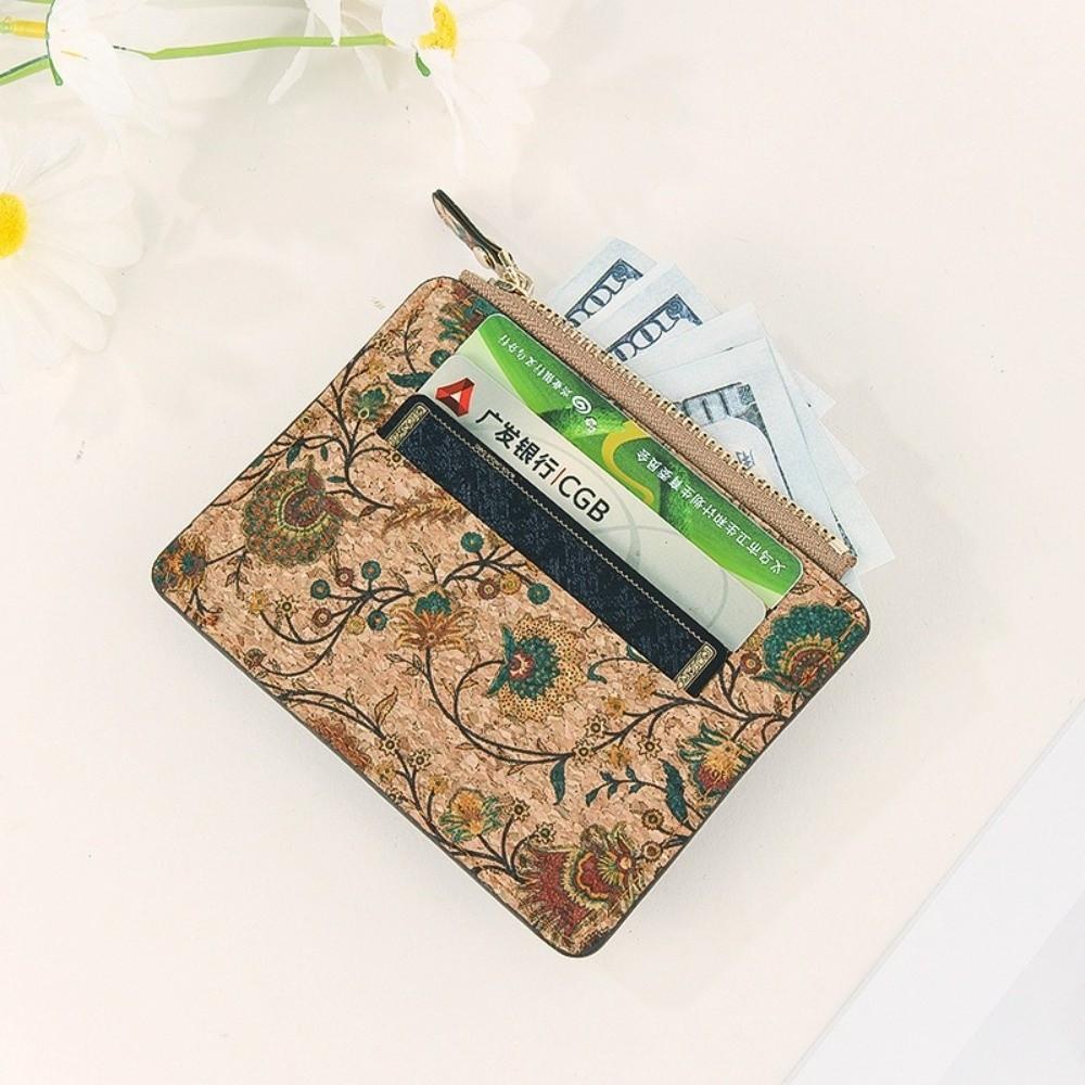 Retro Ethnic Style Coin Purse Multi-slot Cork Wood Credit Card Holder Portable Ultra-thin Zipper Small Wallet