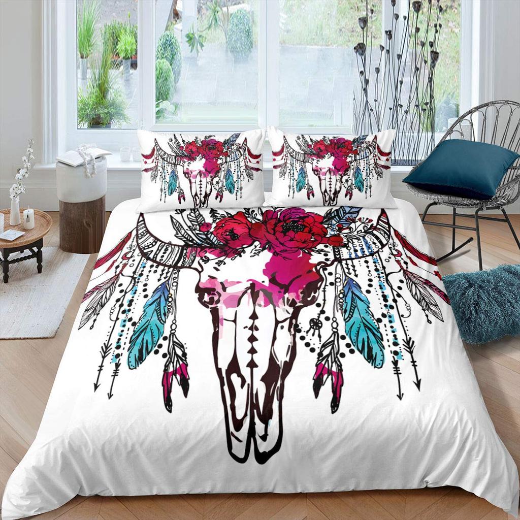 Bull Skull Duvet Cover Set Boho Chic Feather Bedding Set Bohemian Exotic Branches Flower For Teens Microfiber King Quilt Cover