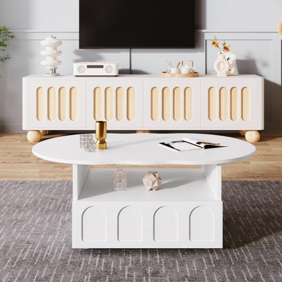 Coffee Table with Drawer Storage Compartments 2-Tiers Rounded Corner Smooth Surface Easy Assembly Cloud Shaped Coffee Table Home