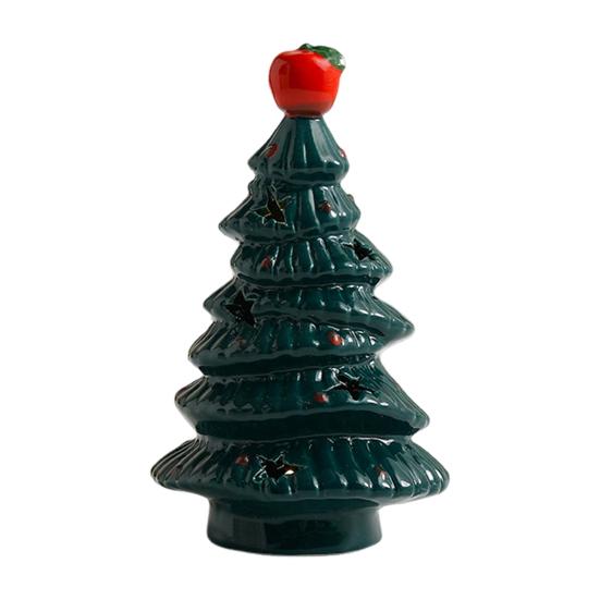 Lighted Ceramic Christmas Tree Small Xmas Tree Figurine with Fruit Tree Topper Holiday Tabletop Centerpiece for Home Mantel Shelf Fireplace Decor