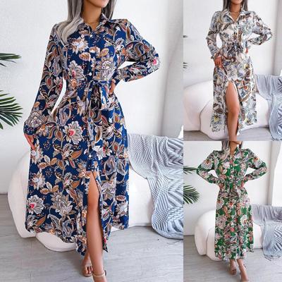 Women's Fashion Color V-neck Vintage Flowers Long Sleeve Dress