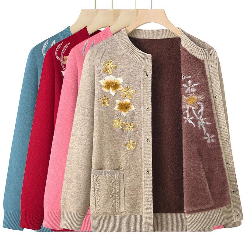 Middle-aged Elderly Autumn and Winter Warm Top Winter Coat Elderly Bottoming Shirt Female Grandma Sweater Fleece Mother Cardigan
