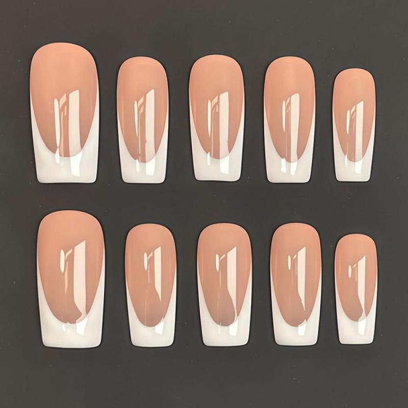 Reusable Press-On Nails Long Square Nude French Tip Manicure Set Women Sweet INS Style Detachable Artificial Small