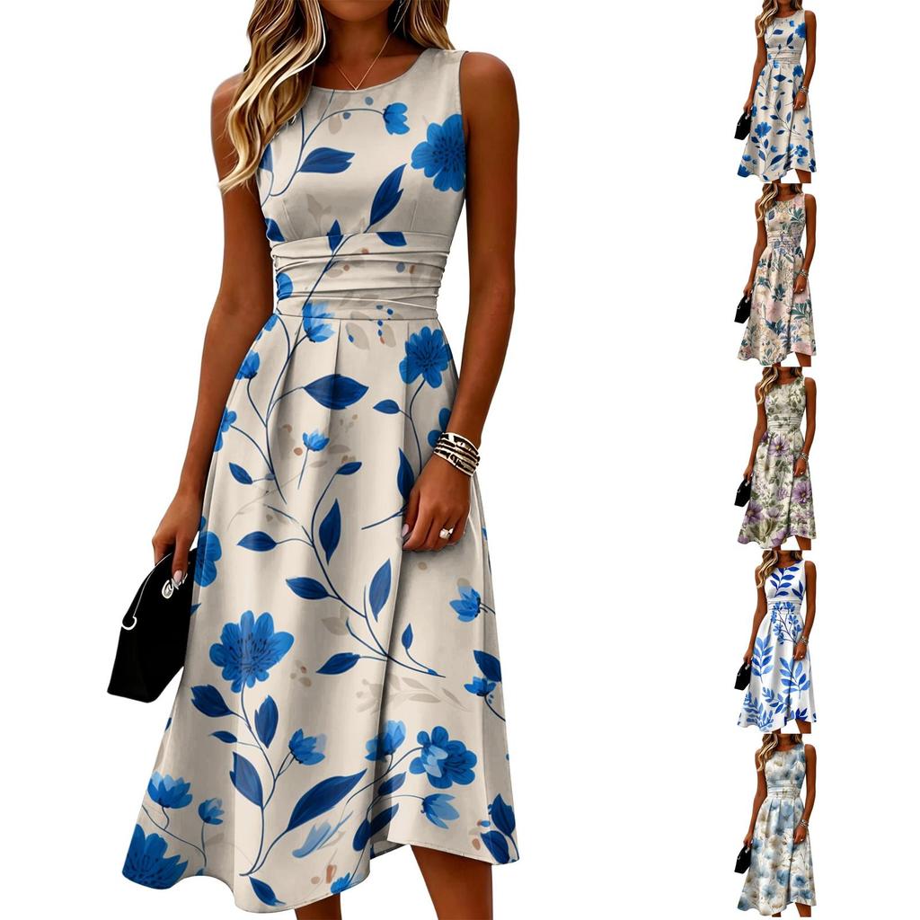 Sleeveless Casual Midi Dress for Women Round Neck Floral Patterned Fit and Flare Style Lightweight Summer Dress