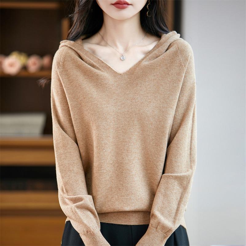 V-neck Hooded Knitted Sweater for Autumn and Winter Warm Hoodie Sweater for Women