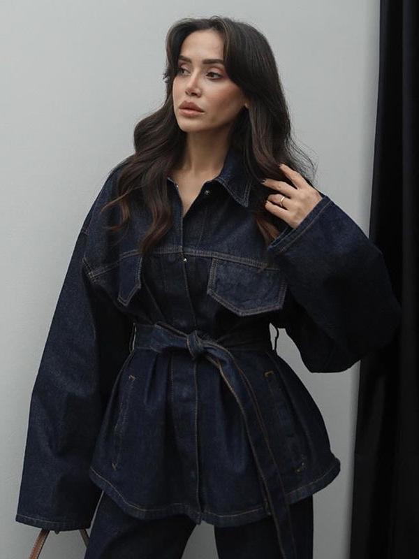 Spring/Autumn 2025 Retro Denim Jacket & Tie-Waist Trousers Set for Women