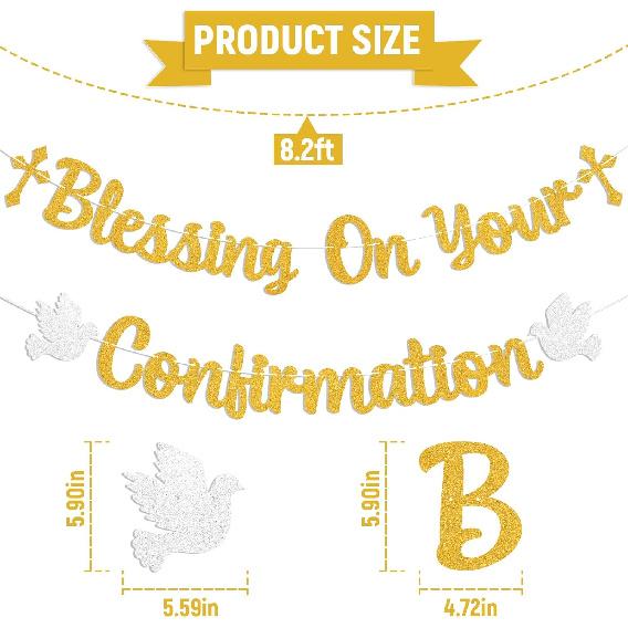 Blessing On Your Confirmation Banner - First Communion, My Baptism, Enagegment/Christening/Baby Shower/Wedding Party Decorations Gold Glitter