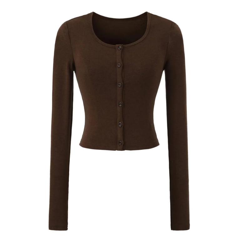 Crew Neck Long-sleeved Cardigan T-shirt Women's Autumn New American Spice Girl Style Slim-fit Solid Color Single-breasted Bottoming Shirt