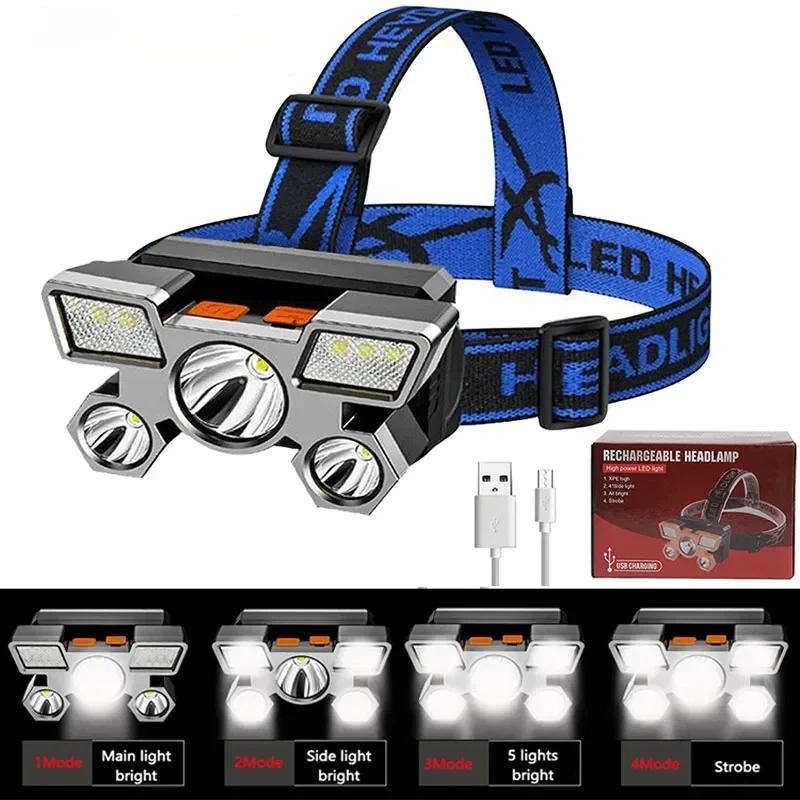 Powerful 5 LED Headlamp USB Rechargeable Built-in 18650 Battery Headlight Outdoor Camping Fishing Emergency Searching Lantern