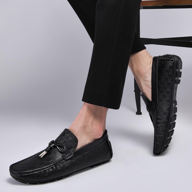 Men's Casual Spring Cowhide Slip-on Loafers, Embossed Leather Driving Shoes, Large Size