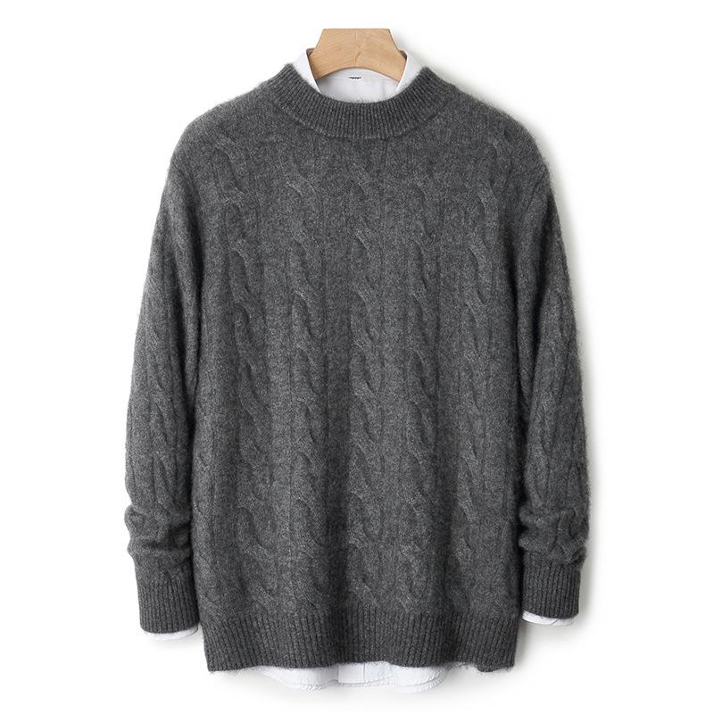Herren Pullover aus 100% reiner Wolle, Zopfmuster, Rundhalsausschnitt, Kaschmir - High-End Business Casual Pullover