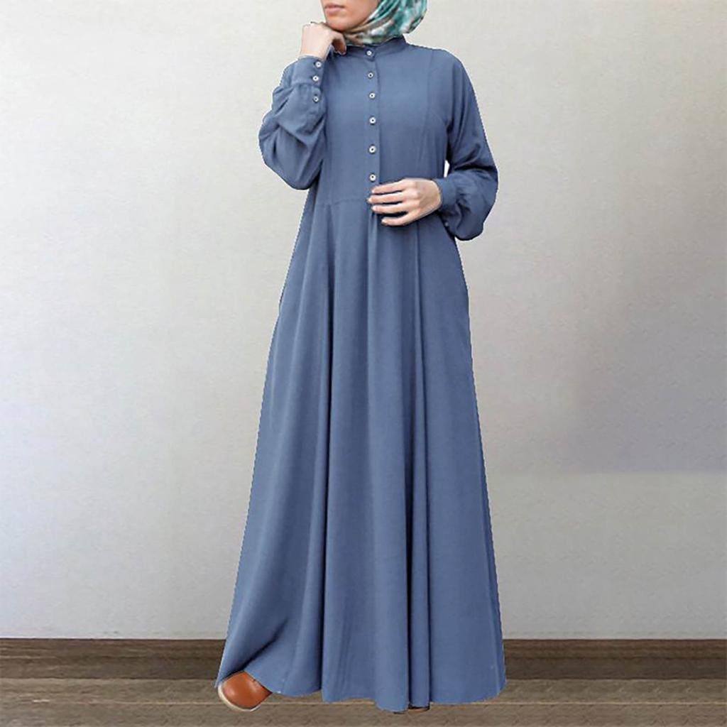 Women's Long Sleeve Button Down Casual Outfits Solid Color Round Neck Maxi Dresses
