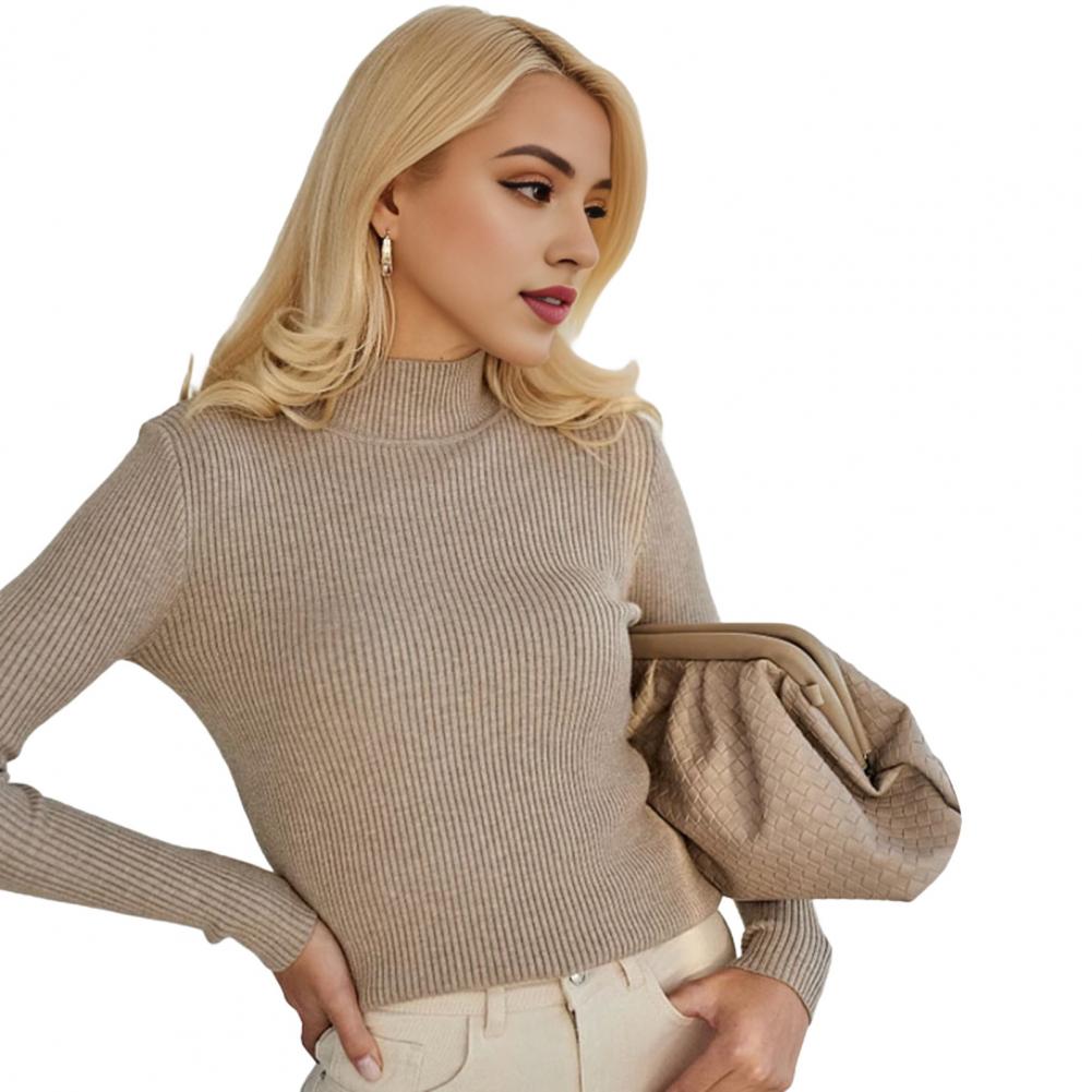 

Female Knitting Bottoming Shirt Half High Collar Long Sleeve Solid Hue Slim Fit Bottoming Tops Ribbed Warm Knitwear Breathable Fabric One Size хаки